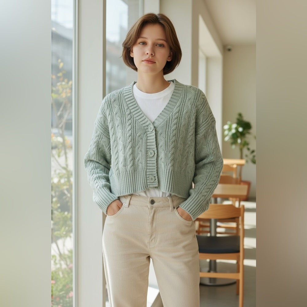Forever 21 Woman’s Cropped Light Turquoise Blue Cardigan Sweater